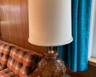 Mid Century Iridescent Amber Glass Lamp with Grape Pattern