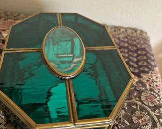 Emerald Green Glass & Brass Hexagon Jewelry/Trinket Box