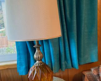 Mid Century Amber Glass and Scrolled Metal Table Lamp