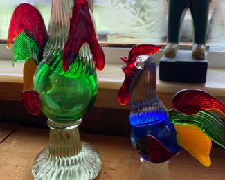 Two Multi-Color Hand Crafted Blown Art Glass Roosters