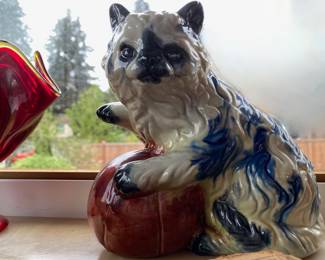 1960's Blue/White Hand-Painted Ceramic Cat Statue