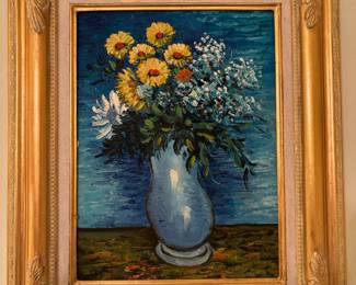 Vase with Lilacs, Daisies and Anemone Ornate Gold Frame Oil Painting