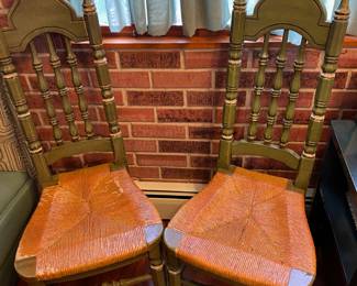 Pair of 18th Century Bannister Back Green Chairs with Rush Seat