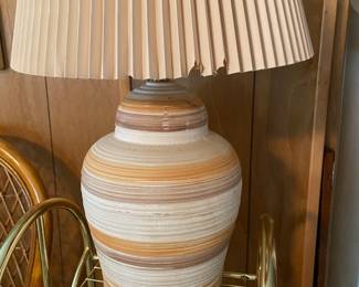Cream, Orange & Brown Mid Century Modern Striped Pottery Lamp