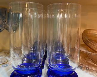 Set of 8 Bormioli Rocco Ibisco Tall Tumblers with Cobalt Blue Square Bottom