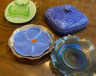 Green Uranium Glass Wooden Log Sugar Dish, Green Uranium Glass Footed Dip Bowl, Blue Carnival Glass Ruffled Edges Console Dish