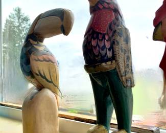 1950's Folk Art Wood Carved Rooster, Wood Carved Perched Toucan Bird Statue