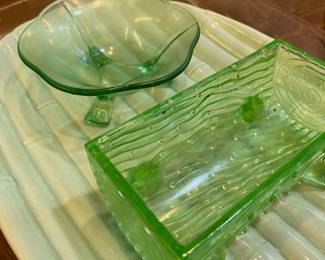 Green Uranium Glass Wooden Log Sugar Dish, Green Uranium Glass Footed Dip Bowl