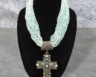 Turquoise Embossed Cross With Seed Bead Necklace