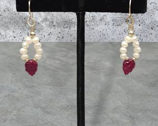 Sterling Silver Pearl Drop Earrings With Tested Red Stone
