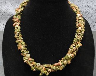 Unakite Triple Strand Chunky Swirl Chip Necklace See Video