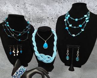 Ocean Blue Jewelry Lot Necklaces  Bracelet  Earrings  See Video