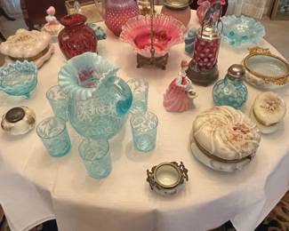 Beautiful Glassware, Wavecrest, Cranberry Glass, Blue Opalescent, Fenton Glass, Royal Doulton Figures