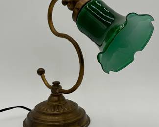 Brass Desk Lamp with Green Cased Glass Shade