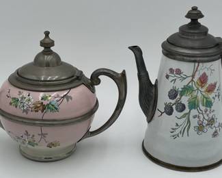 Decorated Graniteware and Pewter Coffee and Tea Pots