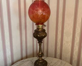 Brass Banquet Lamp with Cranberry Shade