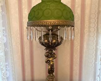 Brass Banquet Lamp with Green Satin Shade