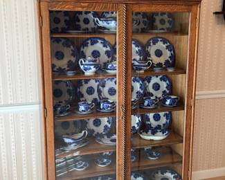 Tiger Oak Bookcase, China Cabinet, Collection of Flow Blue Set Of "Waldorf"