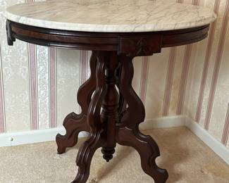 Walnut Oval Marble Top Parlor Table, Burl Trim
