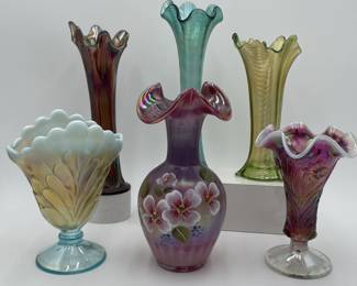 Collection of Vases, Fenton, Carnival and Opalescent Glass