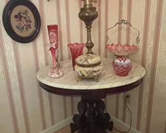 Oval Walnut Marble Top Parlor Table, Banquet Lamp, Cranberry Glass, Wavecrest
