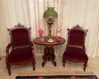 Walnut Victorian Parlor Set, Ladies and Gents Chairs, Walnut Parlor Table, Parlor Lamp, Cranberry Glass
