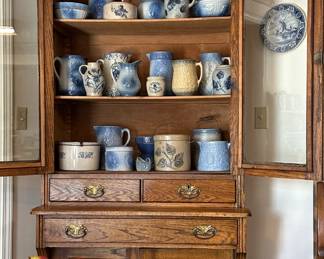 Beautiful Oak Breakfront Kitchen Cupboard, Blue and White Stoneware, Whites Utica Flemish Blue Stoneware, Mixing Bowls, Butter and Cheese Crocks, Salt Crocks, Pitchers, Etc.