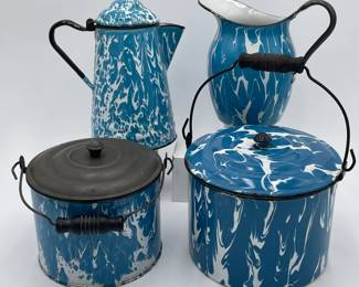 Blue and White Graniteware Coffee Pot, Pitcher, Berry Pails, Buckets