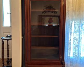 Walnut Glass Door Bookcase with Drawer Below