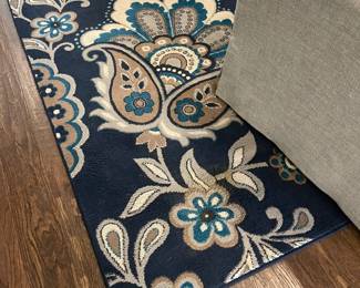 Navy, turquoise and taupe area rug 12.5" x 9.3"