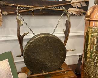 Truly unique Indian gong complete with arrows, antlers, and leather covered mallet.
