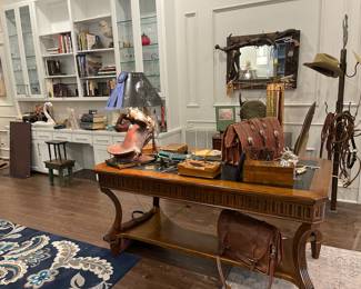 Western motif desk items, including beautiful Sligh desk with pull out keyboard tray/ drawer.