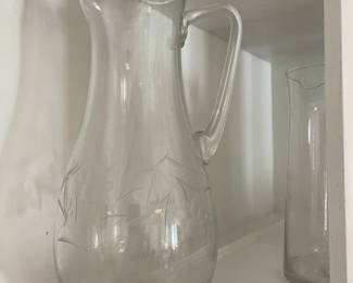 Tall etched glass water pitcher