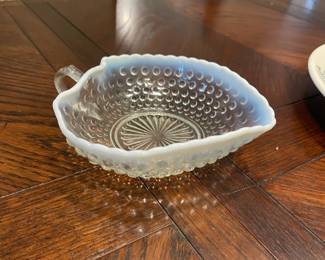 Fenton opalescent hobnail heart dish with handle