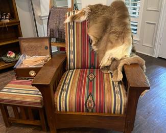 Mission style reclining chair and matching ottoman. 