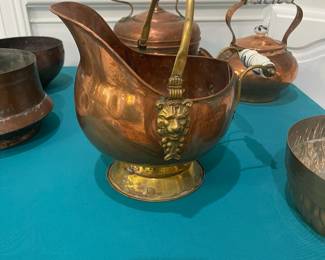 Vintage coal hod with ceramic back handle and copper accents. Dozens of beautiful copper pieces!