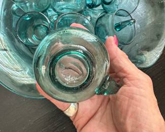 Glass blown punch bowl with cups