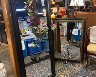 Large Black Framed Floor Mirror and a Gold and Green Framed Wall Mirror