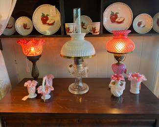 Cranberry and Pink FENTON, plus an ALADDIN Clear Lamp with Pink Irridescent Globe