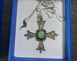 Closer view of Sterling Silver Cross with Turquoise Center Stone