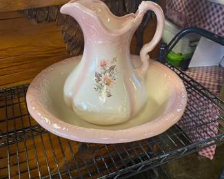 2-Piece Antique Ceramic Water Bowl and Pitcher 