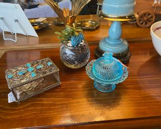 Live Succulent, Blue Fenton, and Glass Jewelry Box