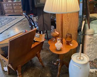 MCM Wooden Clover-Top Floor Lamp, Dough Box End Table, and a Large Butter Churn