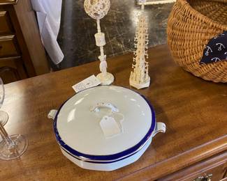 Vintage EMPIRE WARE Blue and White with Gold Gilt Edge Serving Dish with Lid and Two c.1920's Pagoda Figural Stand with Puzzle Ball on Top
