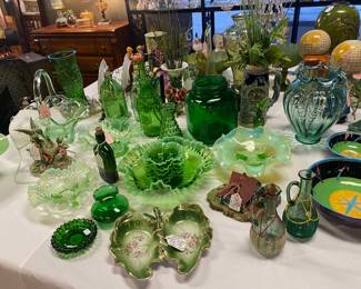 GREEN GLASS, Pottery, Jars, Bottles, Baskets, Vases, Decanters, Bowls, and more...