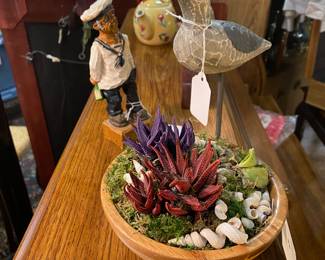 Vintage Wooden Sailor and a real Succulent Plant