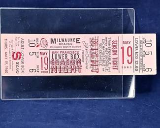 1959 Milwaukee Braves Full Game Ticket May 1960 Aaron, Spahn, Matthews