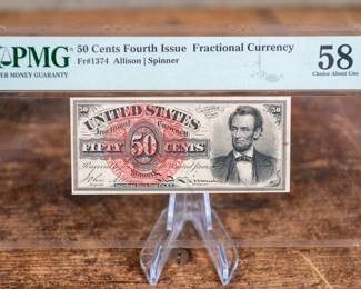 A 50 cents Fourth Issue Fractional currency (1869-1875). Fr#1374 Allison | Spinner. Graded PMG 58 EPQ Choice about Unc.
