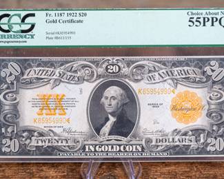 A 1922 $20 Gold Certificate. Fr. 1187. Graded by PCGS a "Choice About New 55PPQ" Premium Paper Quality.
