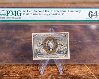 A 50 cent Second Issue Fractional Currency. Fr#1317 With Surcharge "18-63" & "A". Graded by PMG 64 EPQ Choice Uncirculated.